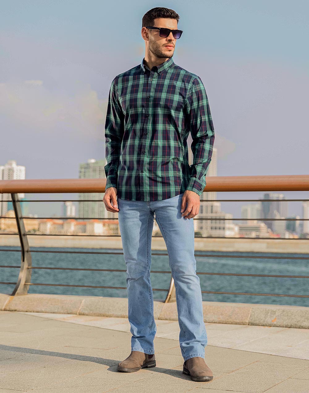 Heritage Houndstooth-  Green Navy Check 026